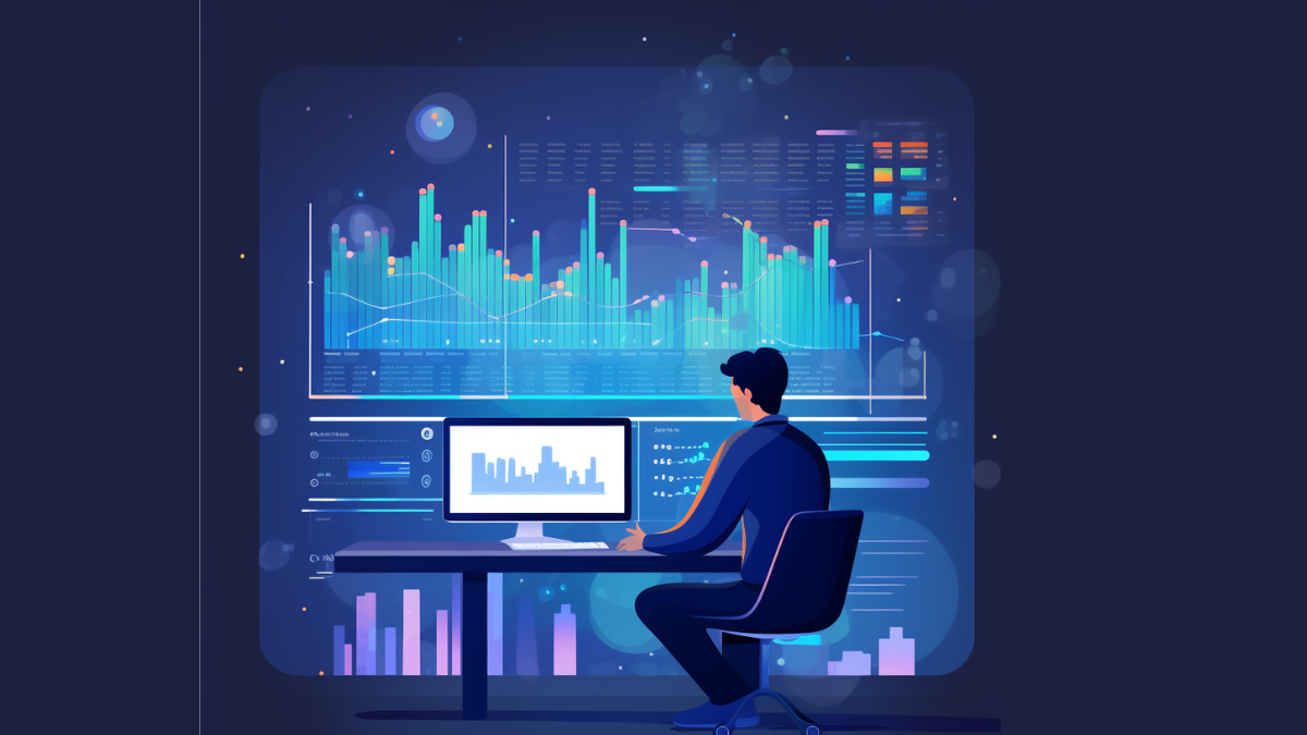 Illustration of a researcher viewing data on a computer 