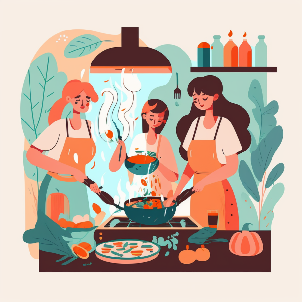 an illustration of women cooking together