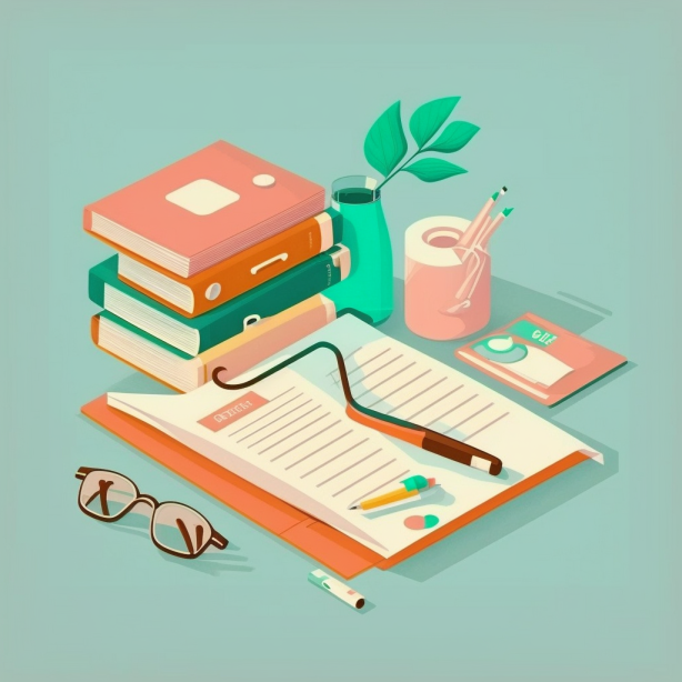 an illustration of books and a paper record beside a plant and a pair of glasses