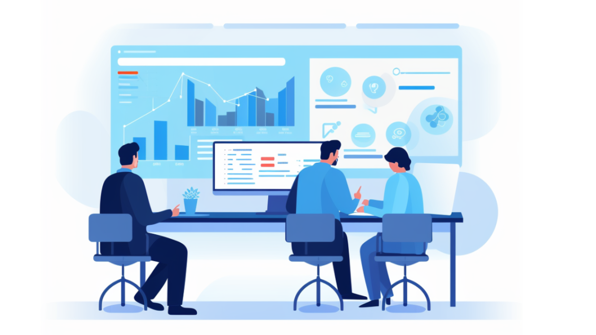 A team of researchers at a computer, viewing charts and graphs